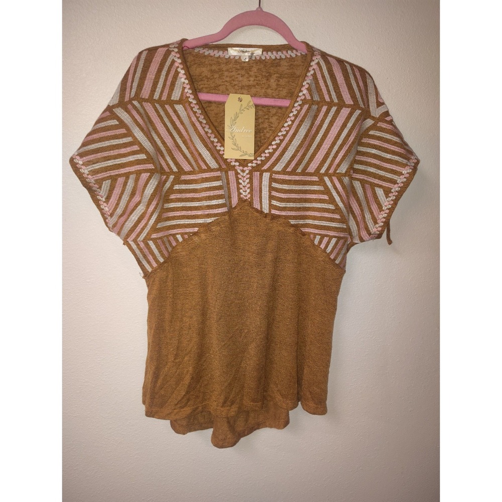 Andree by Unit Women Brown Boho Geometric Embroidered V-Neck Dolman Top NWT